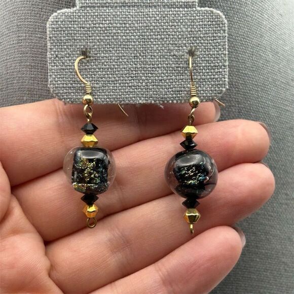 Black & Gold Tone Swirl Glass Marble Beaded Dangle Earrings Hook Handmade - Picture 3 of 8